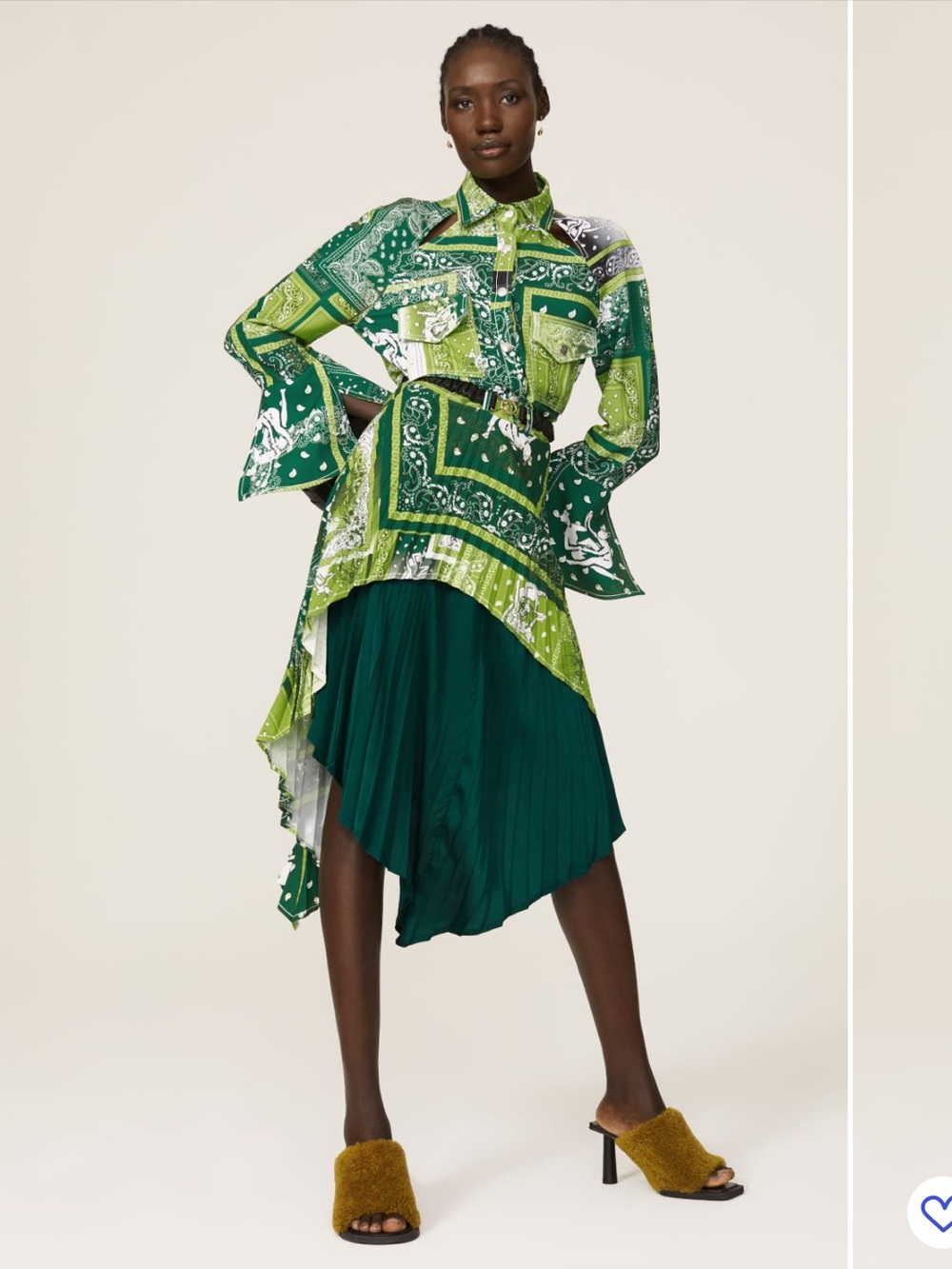 Green Asymmetrical Bandana Pleated Skirt